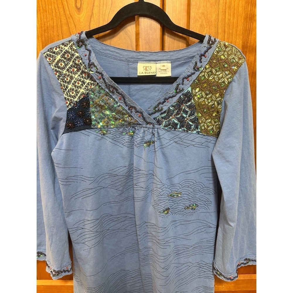 La‎ Blend Blue Cotton Beaded Sequin Patchwork Tunic Dress Medium Boho Indonesia
